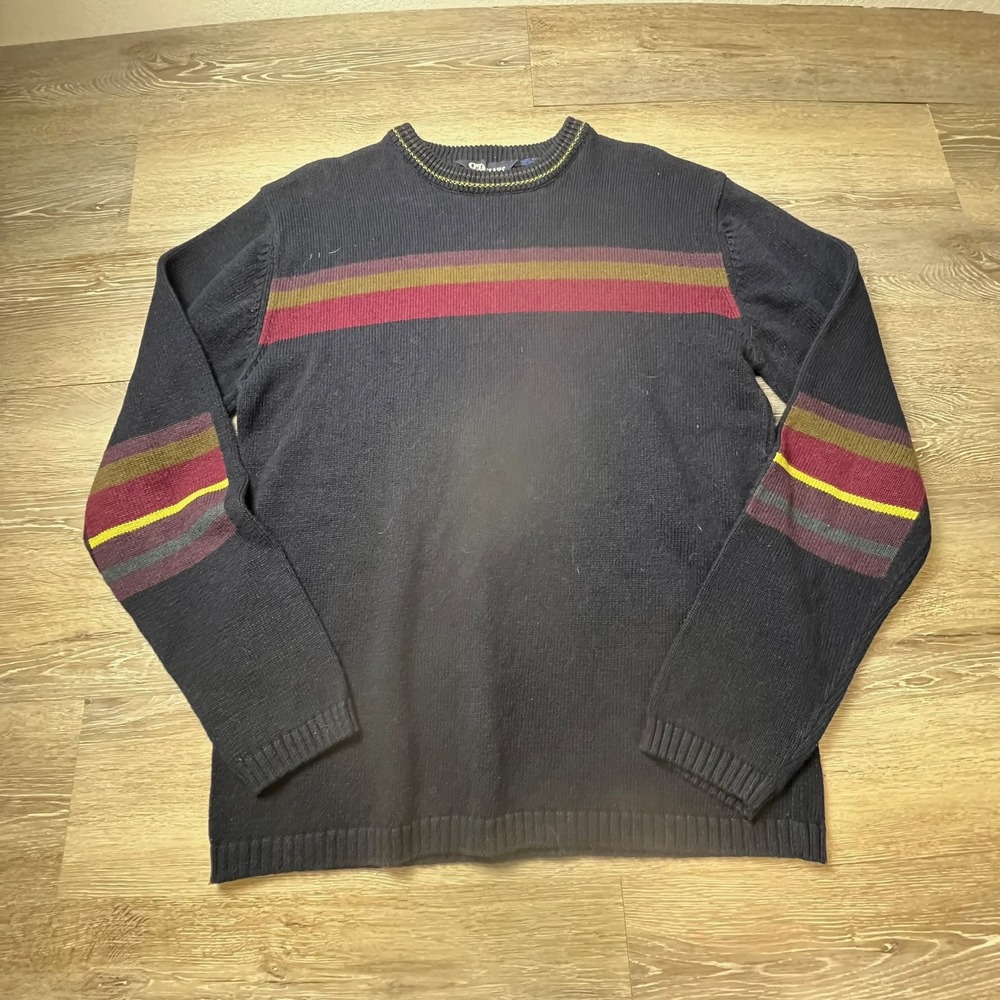 Rue21 Rue Jeans Sweater Mens L Navy Blue Striped Crewneck Knit Long Sleeve Retro
